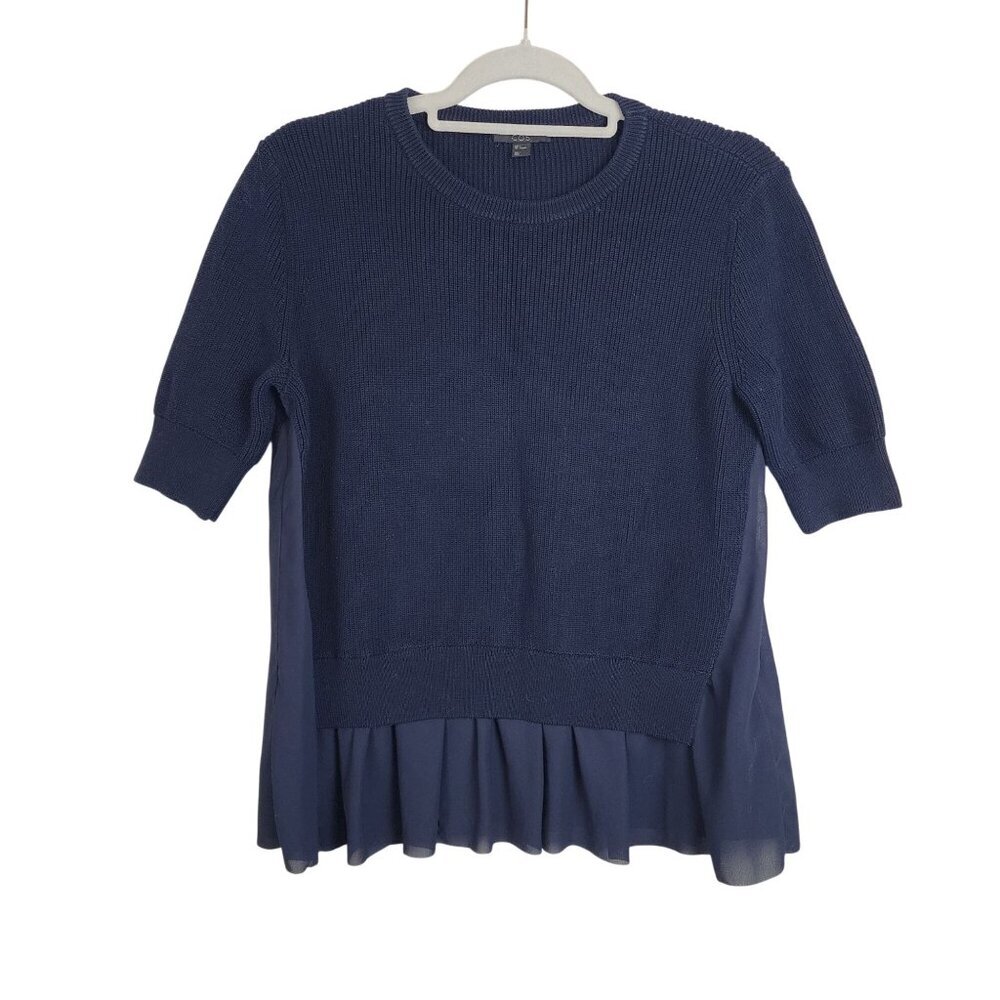 COS Euro sz S women knit short sleeve sweater chiffon ruffle Navy Blue